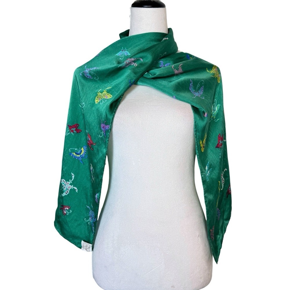 SMITHSONIAN INSTITUTION Womens Green Silk Scarf W Butterflies Motifs Art To Wear
